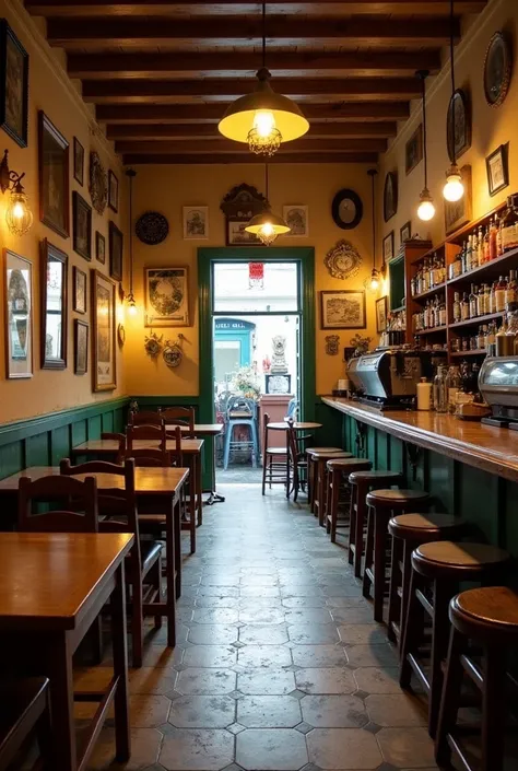 The image shows the interior of a quaint, vintage-style café. The café has a warm and inviting atmosphere, with a mix of rustic and eclectic decor. The walls are adorned with various framed pictures and mirrors, and the paint on the walls appears to be int...