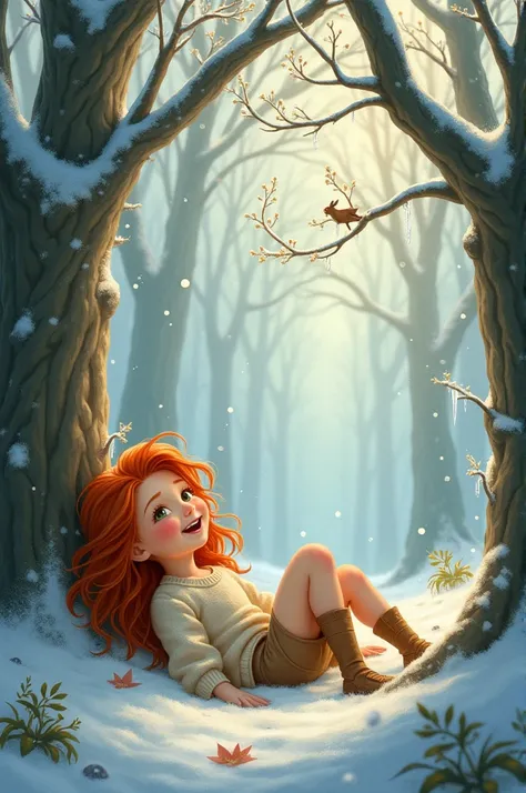 Red-haired girl lies in a fairy forest in winter and laughs