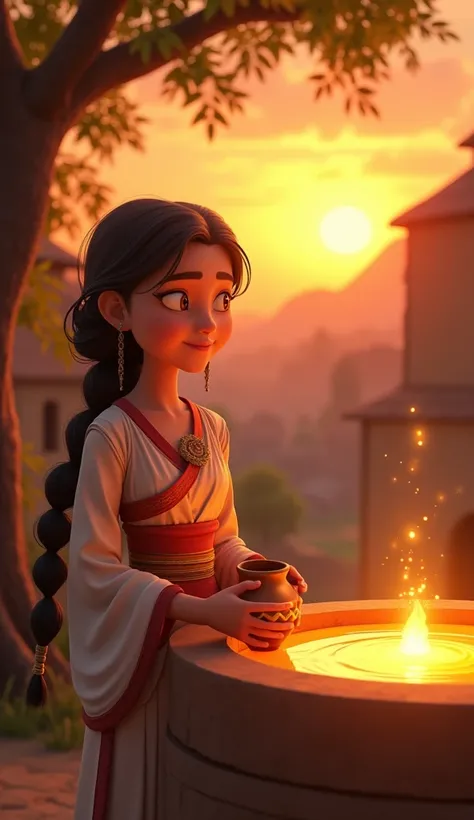 Setting: Sunset in the village, with Zara standing near the glowing well, holding an empty clay pot to symbolize her journey.
Action: She looks into the distance with a peaceful smile as the glowing well reflects the setting sun.
Lighting: Warm orange and ...