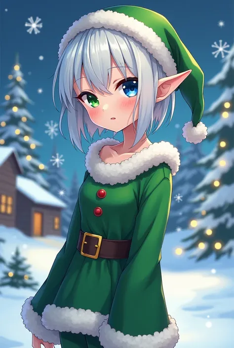  anime style, adult woman short white hair, con el ojo derecho azul y el izquierdo green,And shes disguised as a Santa Claus elf, green 