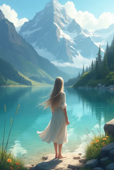 The girl on the lake shore in the mountains