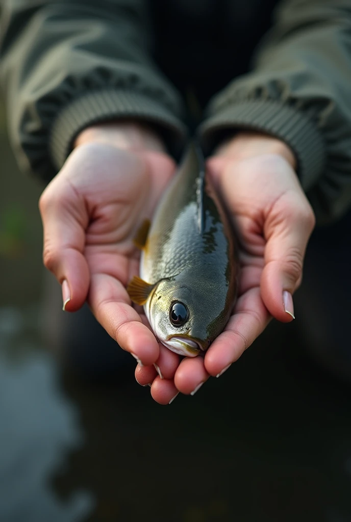 Fish in the hands ,  hand in front in the foreground