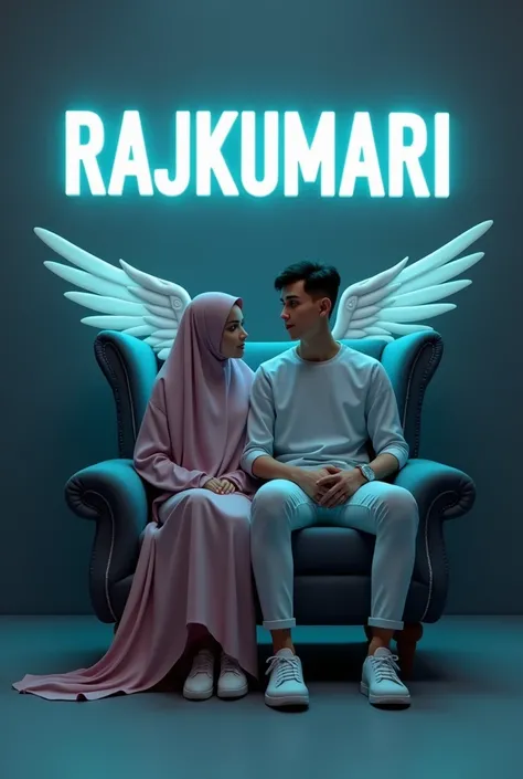 Create a 3D illusion for a profile picture where a 21 Year old husband and wife in a burka and hijab and husband in kandura  shirt Sitting casually on a Wingback chair. Wearing glow in dark sneakers, she looks ahead. The background features "Rajkumari " in...