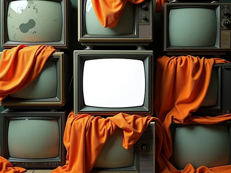 "The image shows a collection of old, vintage televisions stacked together in a somewhat chaotic arrangement. The televisions vary in size and design, and many of them have visible wear and tear, such as cracked screens and exposed wires. Draped over and a...