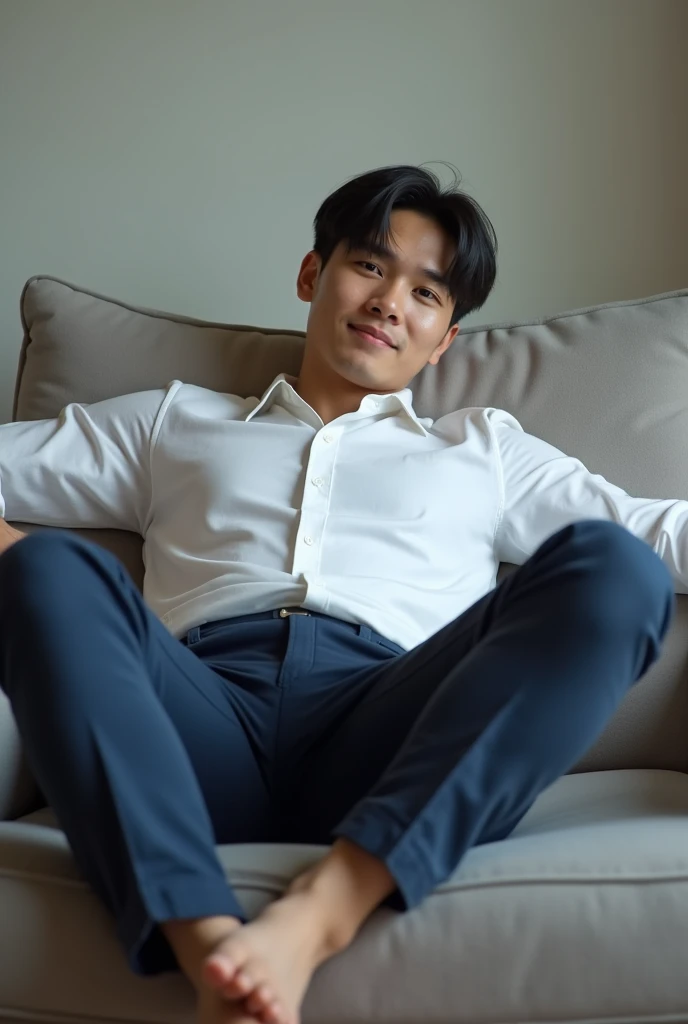  high quality , 4k, hdr)  A handsome young Asian man, 24 years old, with bangs , wearing a white formal shirt and navy blue formal pants,  sprawled on the living room sofa ,  opens his thighs wide with confidence. (realistic,  very detailed)