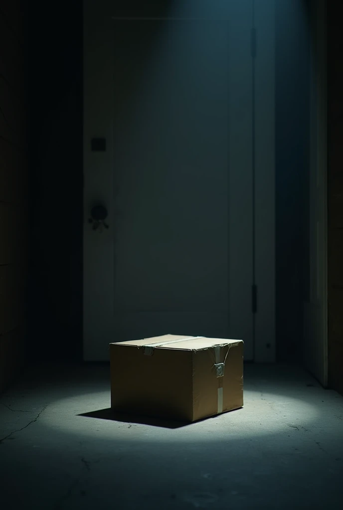 Cardboard box on the floor in front of a door at night 