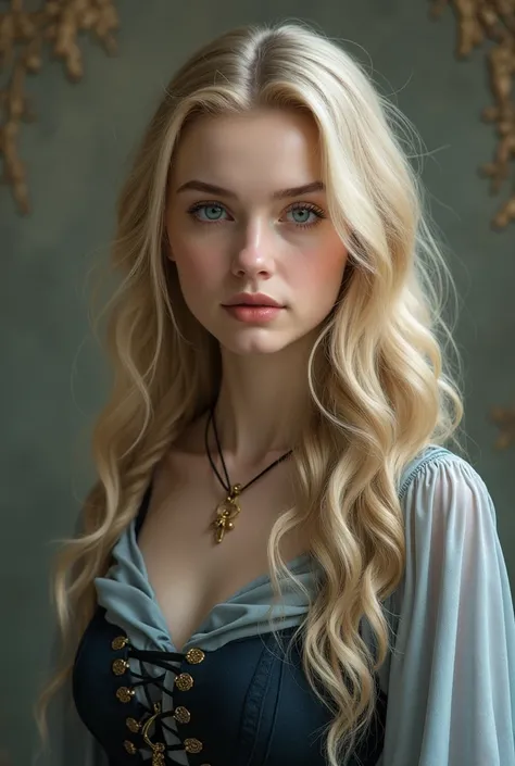 I need a realistic image of my character, Alyssa Hale, witch, 21 years old, Ravenclaw house member . — It looked similar to Dove Cameron .  long hair, wavy and blond , white skin and blue eyes.  Clothing style similar to Katherine Pierce .