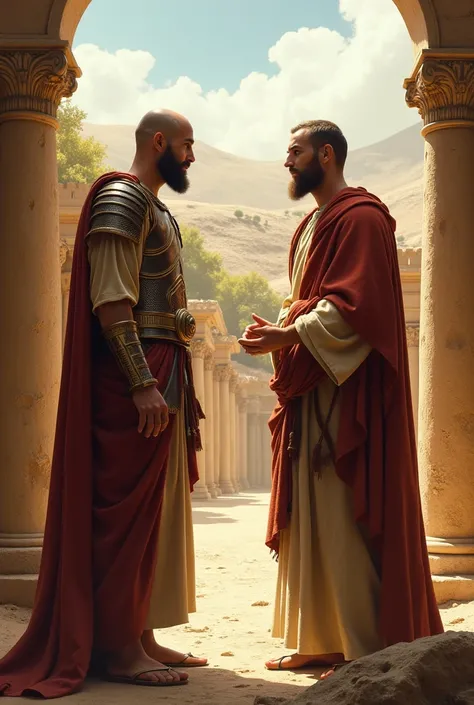 Jesus talking to a Roman centurion. The Roman centurion is bald and smooth-faced, without any beard