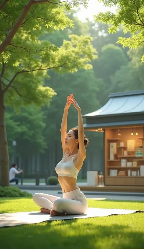 " A woman practicing yoga in a park ,  with health products from Hinode next door, transmitting peace and well-being .  high quality and definition , elegance is fundamental