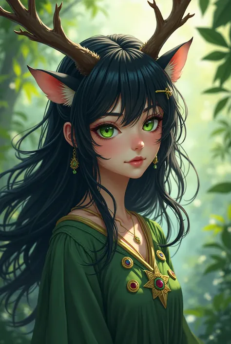  A beautiful girl with wild black hair. She has green eyes . On her head she has deer horns .  Her clothes are based on druids and shamans. The picture is in anime style .  Her ears are human .