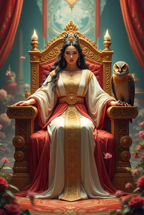 Archetype wallpaper image Empress sitting on the throne , prosperous and next to the emperor showing his power of materialization , sitting on his arm an owl and surrounding riches with a colorful background of the Empress 