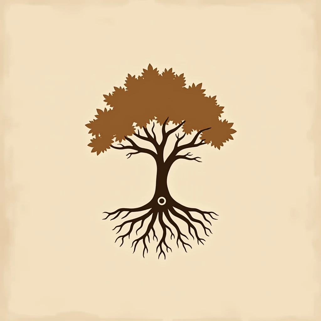 Create a minimalist Instagram logo with the following elements:

Earthy color palette (brown, ochre, beige)
A stylized family tree silhouette
At the base of the tree, draw roots that form a frame
Add an element that symbolizes heritage, such as an old scro...