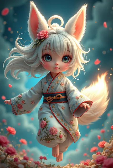 A mythical kitsune warrior with flowing silver hair and fox-like ears, dressed in an ornate white and blue nightgown kimono adorned with glowing floral embroidery. They leap forward out of bed leaving trails of glowing foxfire and petals in their wake. The...