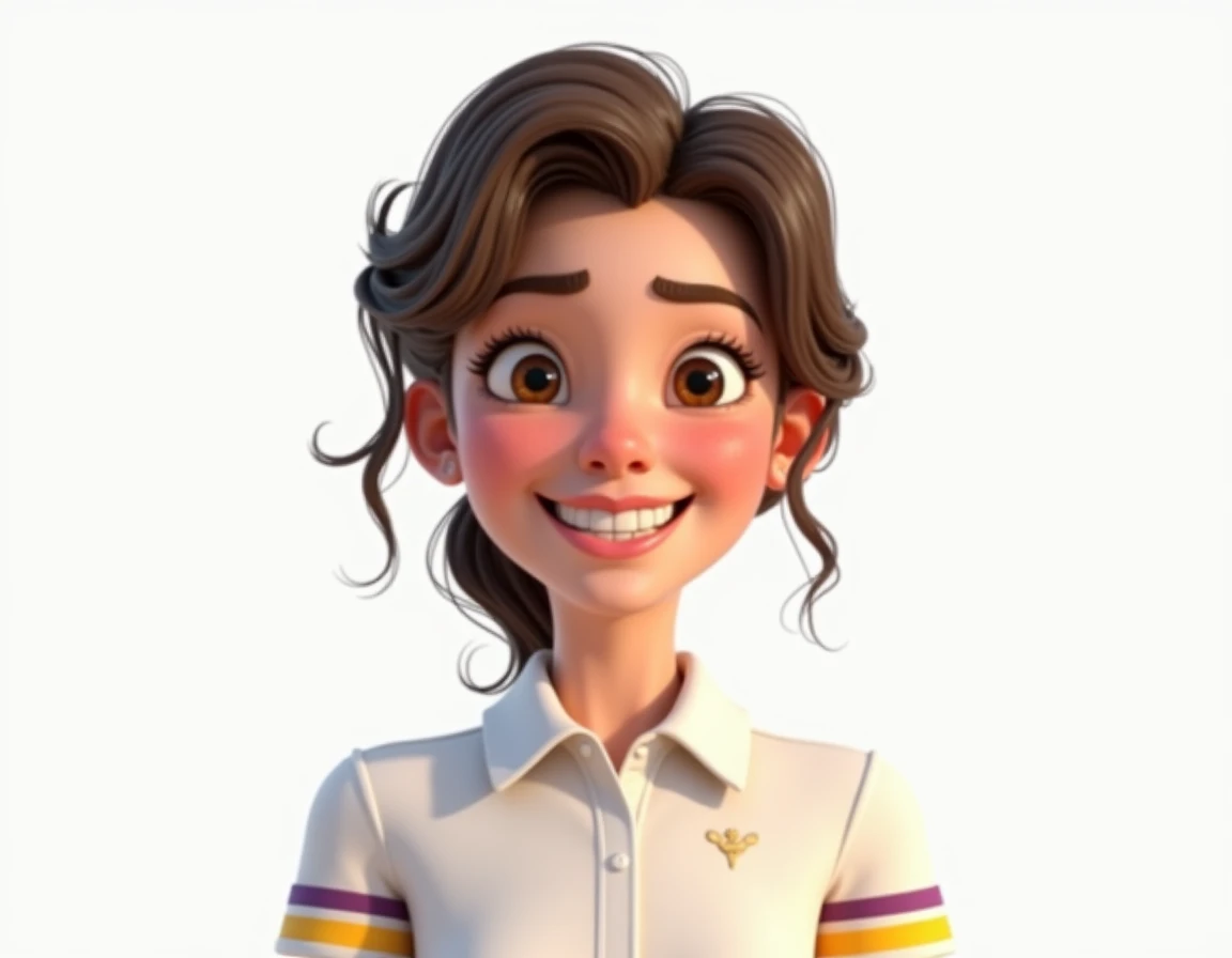 Generate a Pixar-style 3D persona of a 16-year-old teenager ,  white skin with wavy brown hair and brown eyes . She must be wearing a white dress shirt with a white collar and only a yellow line and another purple line on the sleeve of the shirt. The image...