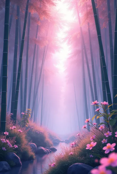 a background with japanese bamboo and violet and magenta flowers