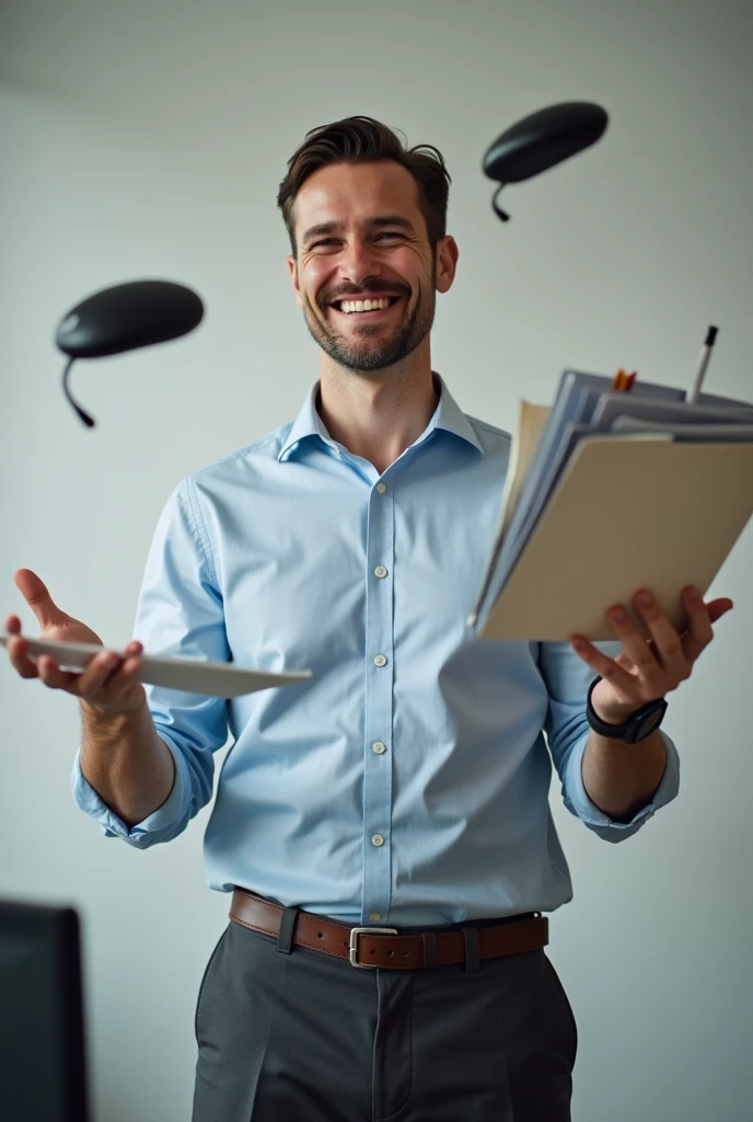  photograph of a 30-year-old white man, smiling with a shirt and dress pants, balancing various objects that represent administrative tasks