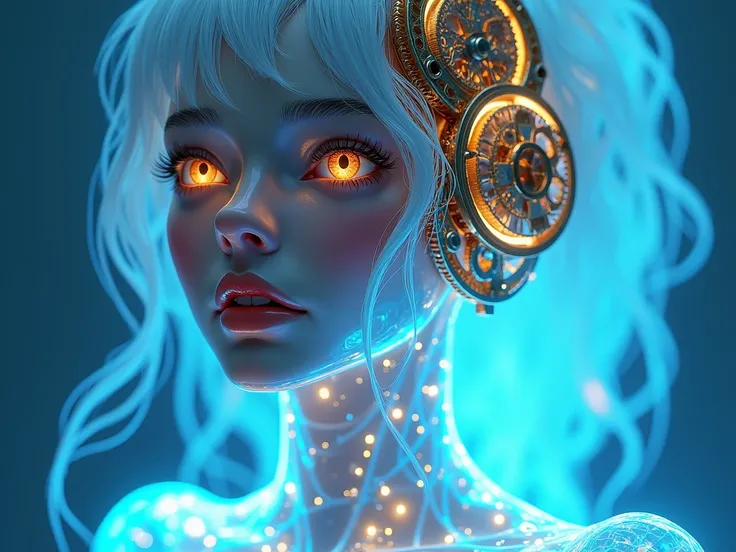 Ale1983$translucent white glowing glass blue body de frente de pé olhando pra frente ,joelho e coxa de ferro gold, neon showcasing the intricate lion gold ferro intertwined within. The cyborgs hazel eyes capture the viewers attention, while her silver hair...