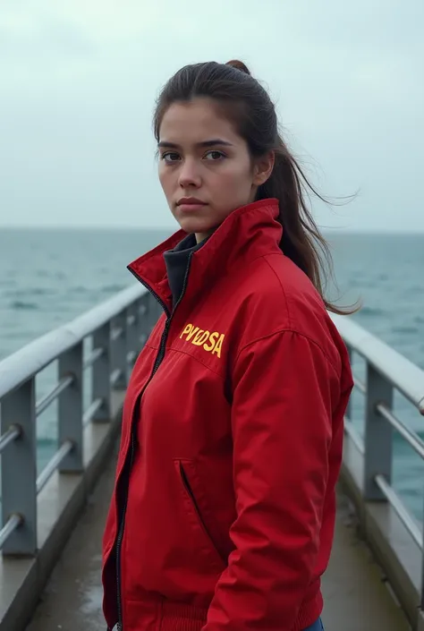 An adult girl wearing a red fastened jacket with a label that says PDVSA with the letters red and that the girl is on a bridge in the sea looking straight ahead 