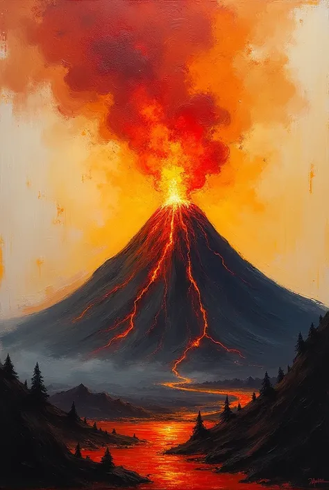 An expressionist image of an erupting volcano, painted from individual dabs of color.