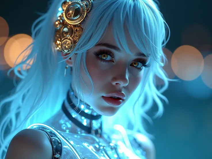 Ale1983$translucent white glowing glass blue body de frente de pé olhando pra frente ,joelho e coxa de ferro gold, neon showcasing the intricate lion gold ferro intertwined within. The cyborgs hazel eyes capture the viewers attention, while her silver hair...