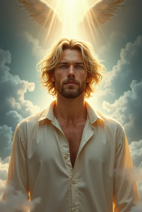  Holy Spirit in the form of a man,shoulder-length blond and copper hair,blue eyes and no beard  