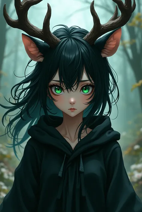  A beautiful girl with wild black hair. She has green eyes . On her head she has deer horns .  Her clothes are black and a robe. The picture is in anime style .  Her ears are human . She looks angry .