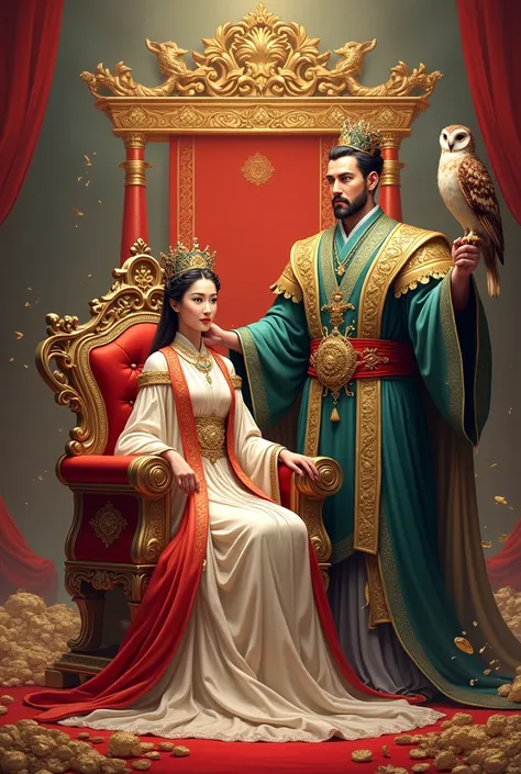 archetype wallpaper image empress sitting on the throne , prosperous and next to the emperor showing his power of materialization , sitting on his arm an owl and riches around with a colorful background of the empress the image is perfect,she just needs mo