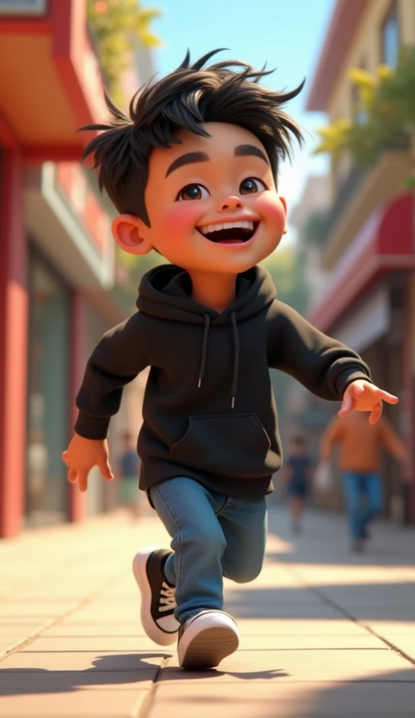  Create a semi-realistic style animated 3D character for an animated video .  The character is a small  with a bright skin tone and rather random short hair.  He wears a black hoodie , celana jeans panjang hitam,  and black-and-white sneakers . The face of...