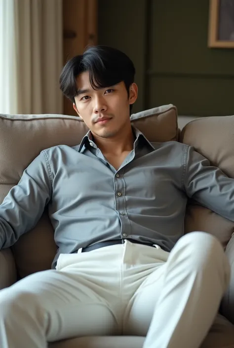  high quality , 4k, hdr)  A handsome young Asian man, 30 years old, with bangs , wearing a grey formal shirt and white formal trousers,  sprawled on the living room sofa ,  opens his thighs wide with confidence. (realistic,  very detailed)