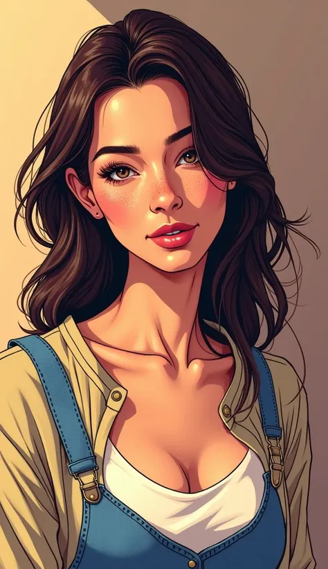 DISCREET image. with discreet casual clothes. image adult woman, american, comic book style. with a discreet smile. IMAGES WITH VIBRANT COLORS. focus on the face.