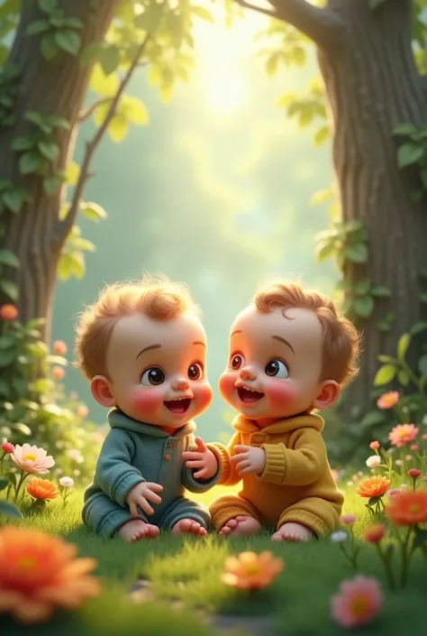 i want to samll 2 baby boys cute in forest 3d illursrtion