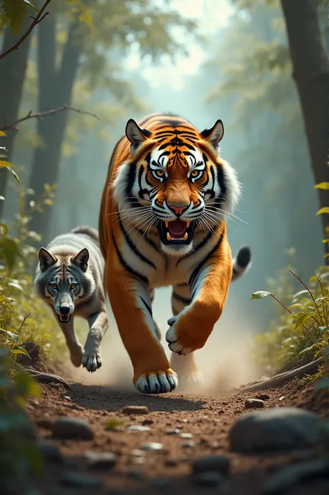 Tiger running in the background catching a wolf