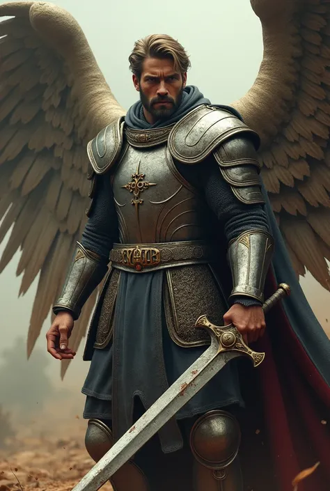 Masterpiece of a warrior angel, tough face, mix of medieval times and ancient roman empire, metallic armor, loose cape, holding a thick, wide and large sword, with initials YHWH, the tip of the sword rests on the ground "SPQR", the angel holding the sword ...