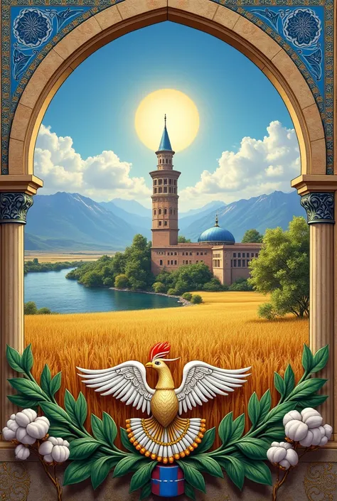 An artistic composition celebrating the national symbols and state emblem of the Republic of Uzbekistan.  

The state emblem is prominently displayed beneath the flag, showcasing golden wheat, blossoming cotton, and the majestic khumo bird with outstretche...