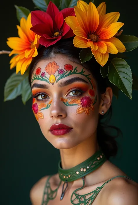 Artistic makeup for a dancer in a comparsa inspired by Colombian flora and fauna 