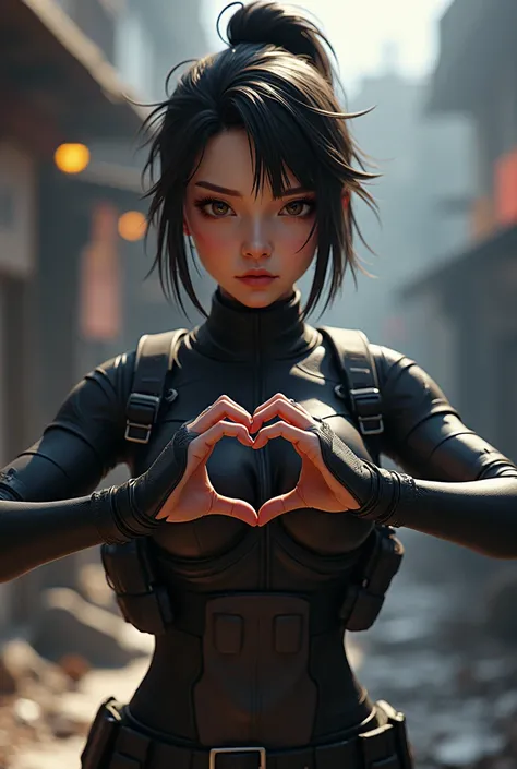 Character Naomi  "Manta Ray" mizushima, do jogo Call of dutty mobile,  making a heart gesture with her hands.  Third person perspective . realistic