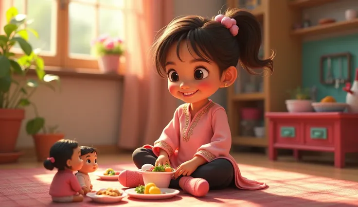 Ayesha Playing with Her Toy Kitchen Prompt: A playful scene of Ayesha sitting on a mat in her home with a colorful toy kitchen set. She pretends to cook, with small plates and pretend food around her. Her dolls are arranged as her “guests,” and she beams w...