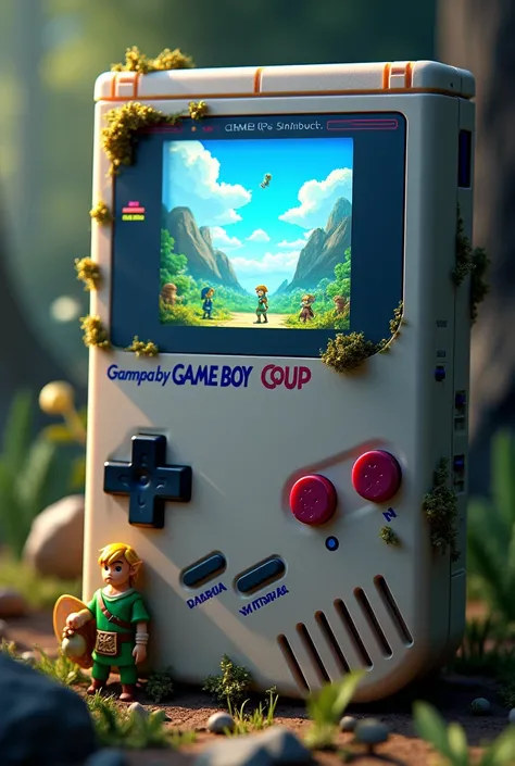 Realistic image of a classic game boy with a bright screen with characters from The Legend of Zelda leaving the screen with the word pokepixel crafts 