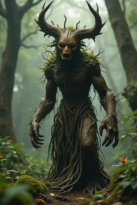  A humanoid-like creature composed of intertwined roots and tree trunks .  His head is a wooden mask that looks like an emotionless face , with horns that look like dead branches .  From his back hang poisonous flowers that exude an intoxicating scent that...