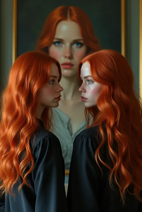 Two beautiful redhead twins (women) with long hair that falls in waves. He has gray eyes like molten steel. square jaw and high cheekbones. She looks at a painting on the wall that has a portrait of her red-haired, blue-eyed mother.