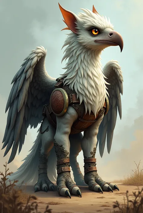 oc commission, mlp fanart, Griffin. Male gender. Rugged appearance. Full body. Battered wings. Scarred beak. Sharp amber eyes. Gray and ash-white feathers. Patchwork armor. Survivor aesthetic. Predatory grace. Wasteland-themed design.