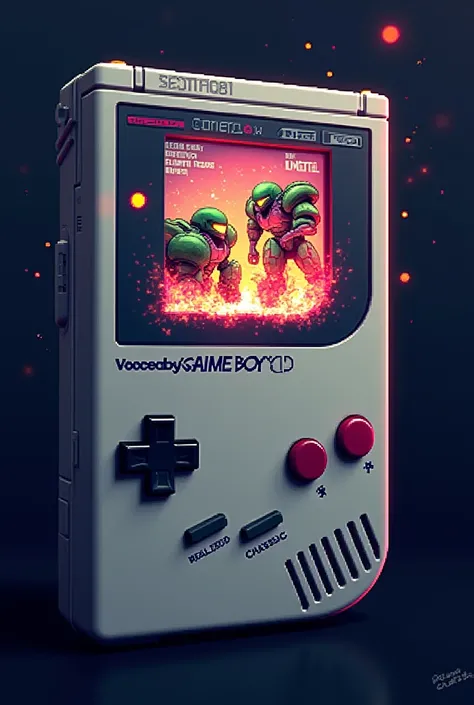 Realistic image of a classic game boy with a bright screen with Metroid characters leaving the screen with the word pokepixel crafts 