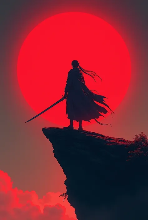 animated, a man with a sword standing on a cliff with a red sun in the background,  concept art inspired by Kanō Hōgai ,  trend on artstation,  fantasy art, badass animated 8 k, 4k animated wallpaper, 4k manga wallpaper, animated wallpaper 4 k, animated wa...