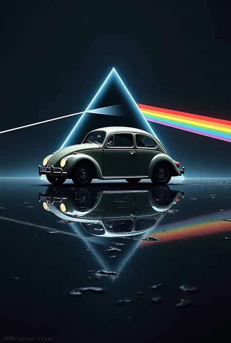 Create an image identical to the album cover  " the Dark Side of the moon" do pink Floyd,  but instead of the triangle of the cover put on a Wolskswagem Beetle, and write "the Dark Side of the Fusca", Make the drawing with traces of the cover of the disc 