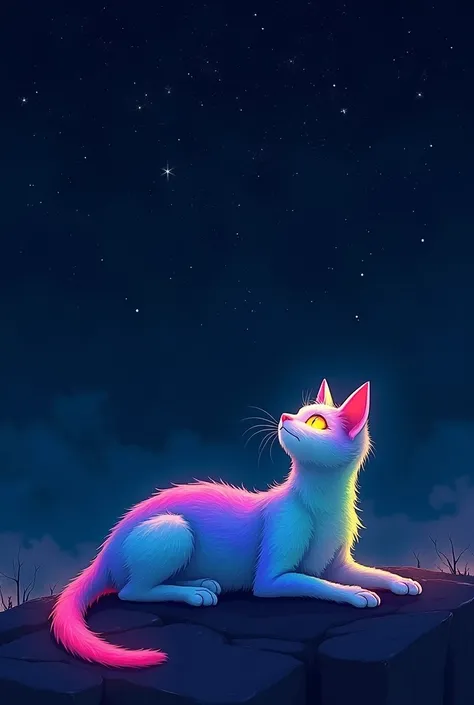 A blue pink green cat Lesar 
Who is lying down to admire the stars 