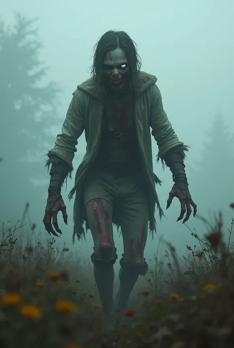 A dead meadow ,  a dense and stinky fog , a bloody and voracious zombie boy , long claws, bright white eyes, Bloody,  dressed in torn medieval clothes, pale skin,  emaciated appearance