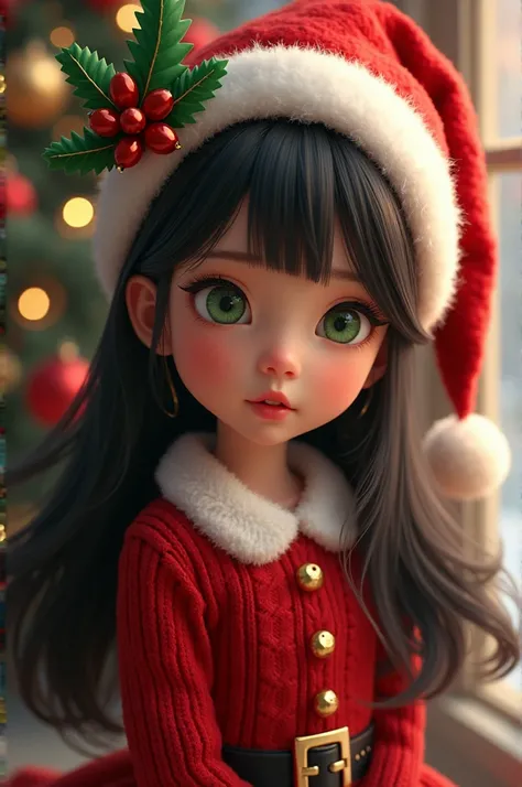 A girl in a Christmas outfit , long black hair,  green eyes 