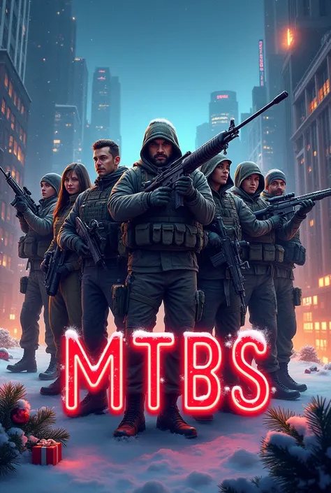 A logo with a group of 7 people holding guns, a city on the background and with the sign "MTBS" at the centre in Christmas style