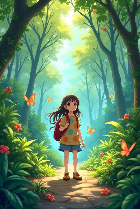 an anime girl  in jungle standing in a dance jungle with a travel bagpack