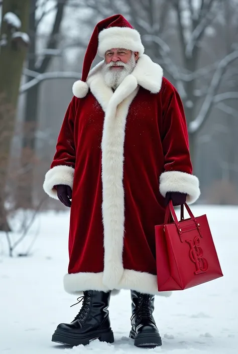 Santa Claus dressed in a traditional red-and-white outfit reimagined by Balenciaga: the coat is an oversized, tailored masterpiece with sharp, modern lines, made from luxurious velvet and trimmed with sleek, minimal white fur. The signature hat is elongate...